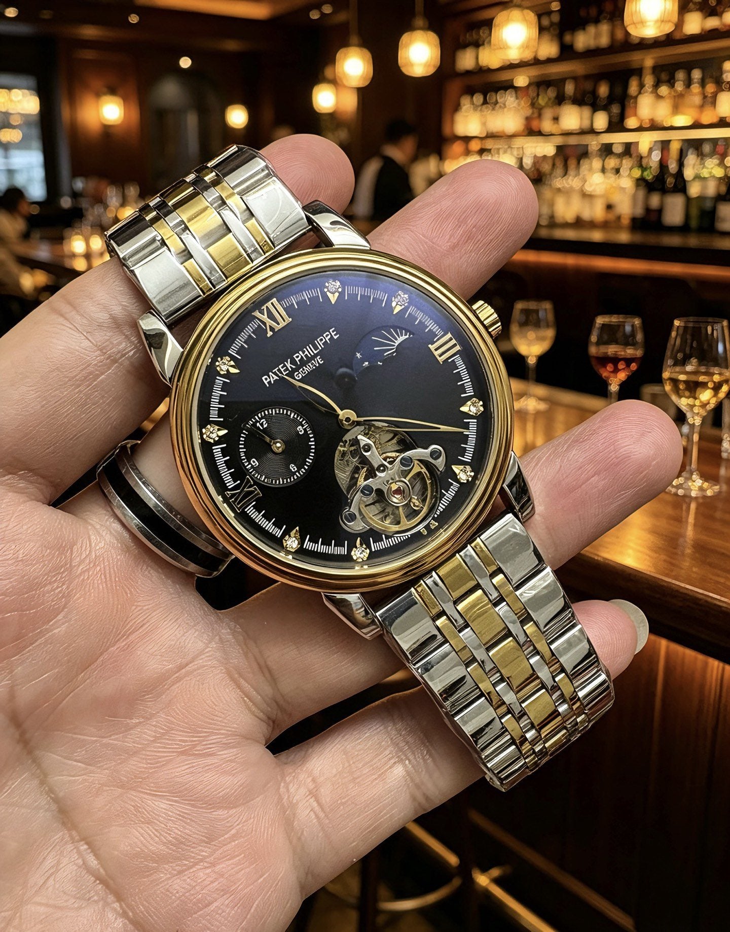 Patek Philippe Two Tone Gold Black Dial Bracelet Watch — hero