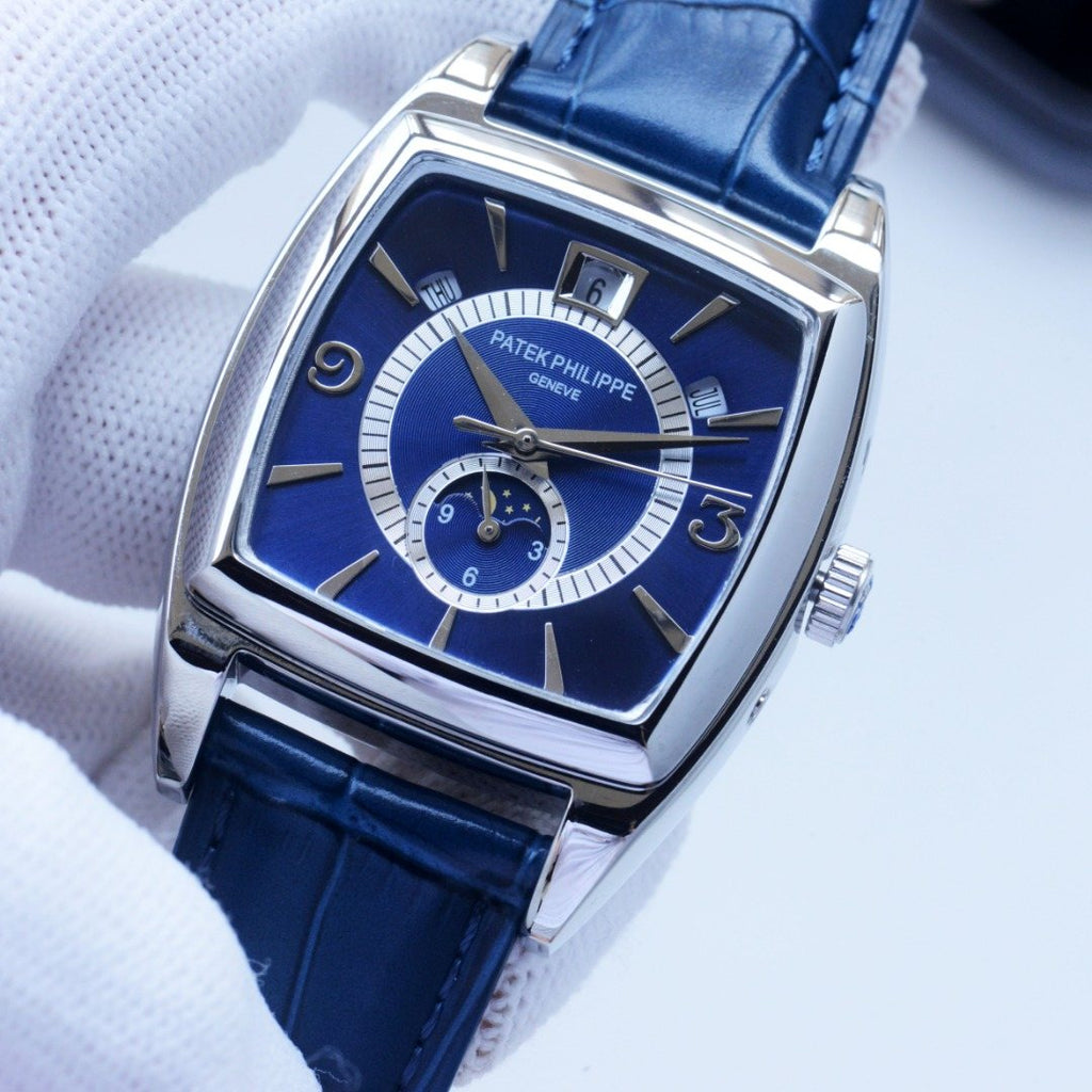 Patek Philippe Silver Blue Dial Strap Watch — hero