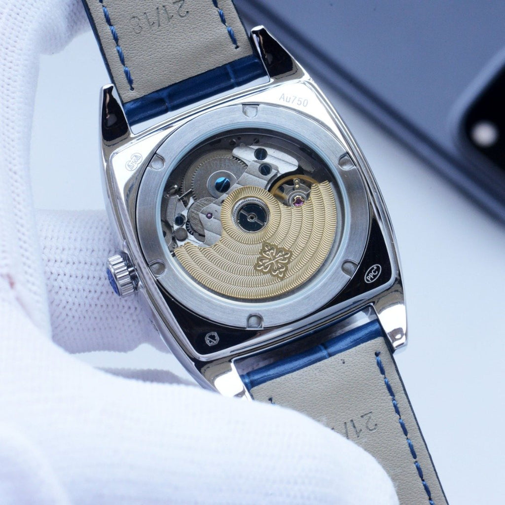 Patek Philippe Silver Blue Dial Strap Watch — back