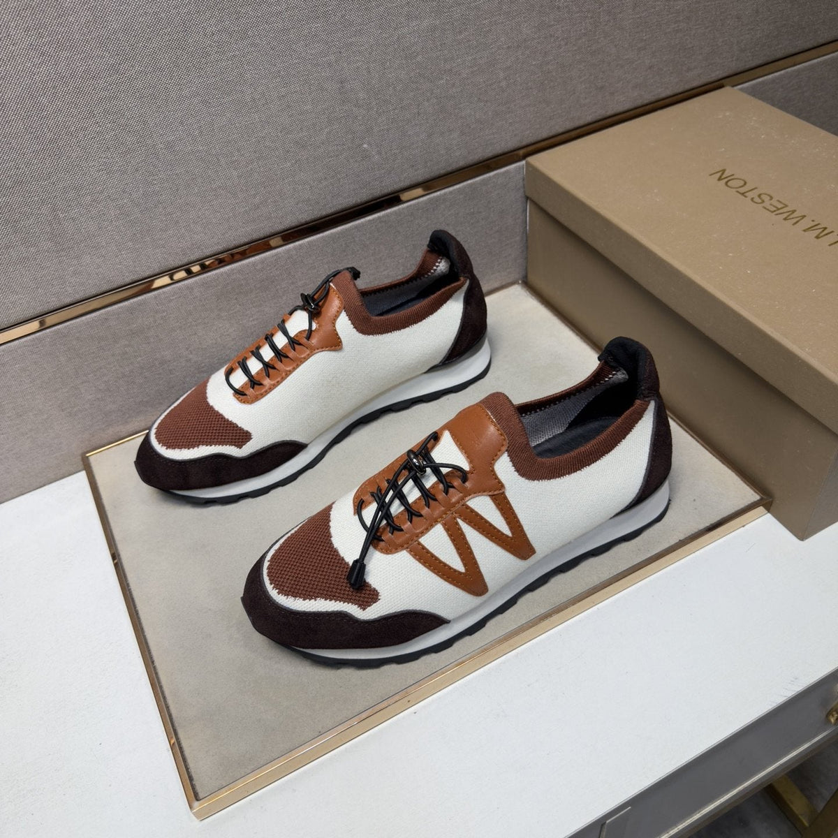 White, Brown & Tan Panel Sneakers — front