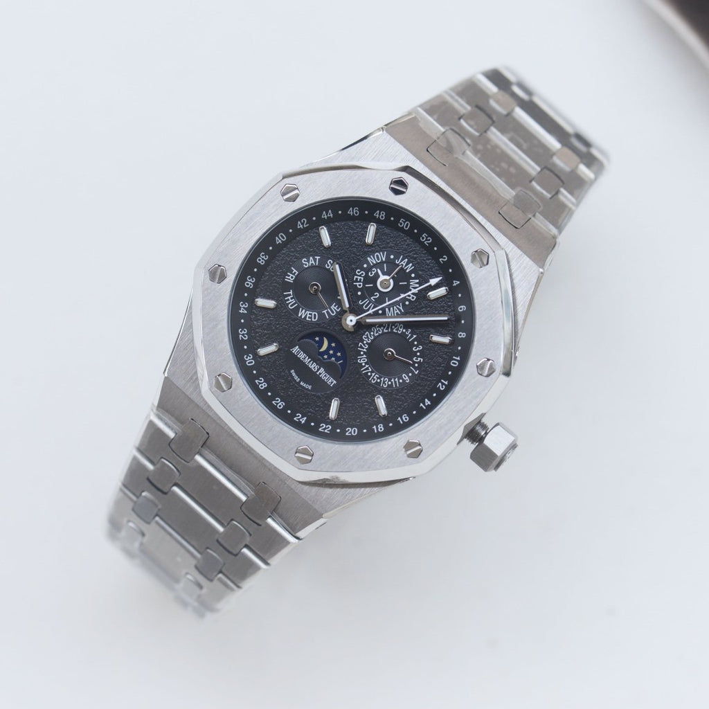 Audemars Piguet Silver Black Dial Bracelet Watch — front