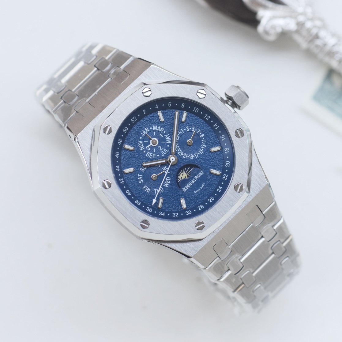 Audemars Piguet Silver Blue Dial Bracelet Watch — front
