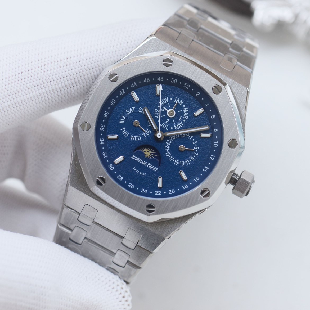Audemars Piguet Silver Blue Dial Bracelet Watch — front