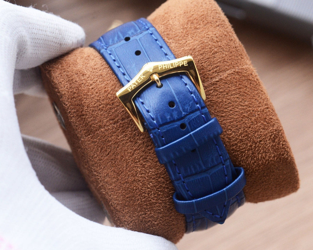 Patek Philippe Gold Blue White Dial Strap Watch — detail