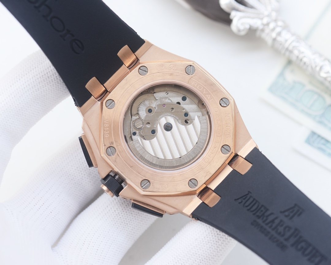 Audemars Piguet Rose Gold Black Dial Strap Watch — back