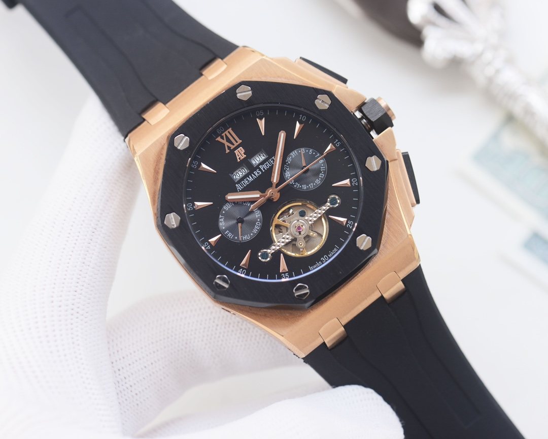 Audemars Piguet Rose Gold Black Dial Strap Watch — hero