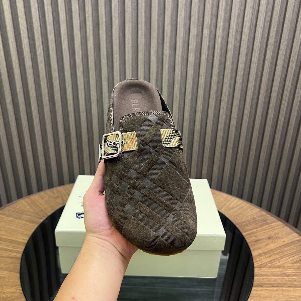 Burberry Dark Brown Check Buckle Mule Slippers — front