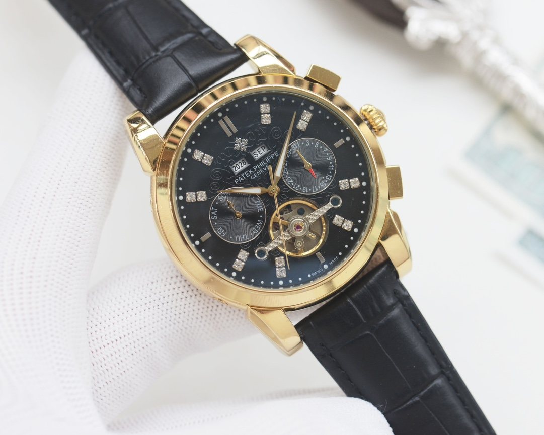 PATEK PHILIPPE Gold Black Dial Strap Watch — front