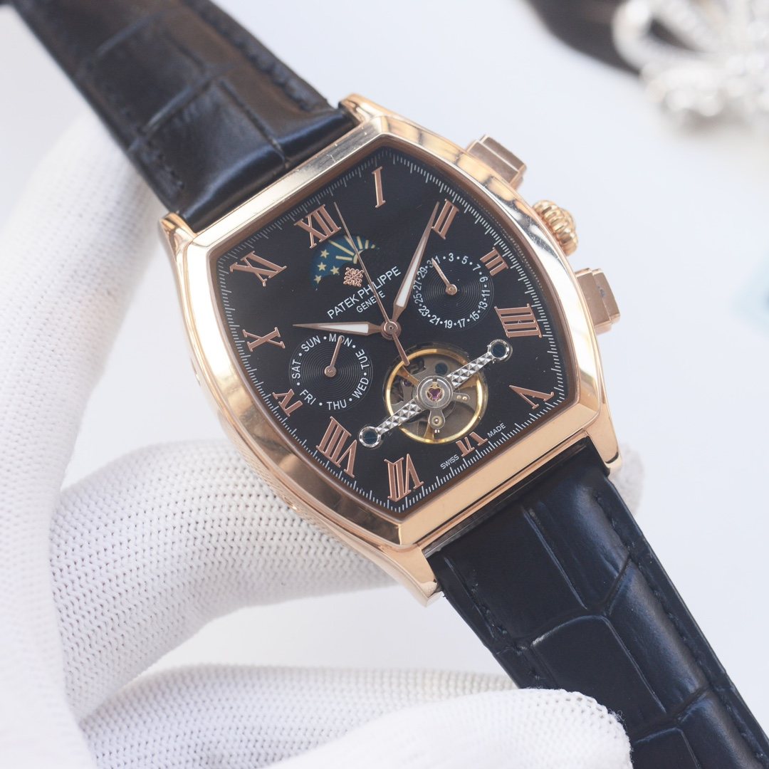 PATEK PHILIPPE Rose Gold Black Dial Leather Strap Watch — hero