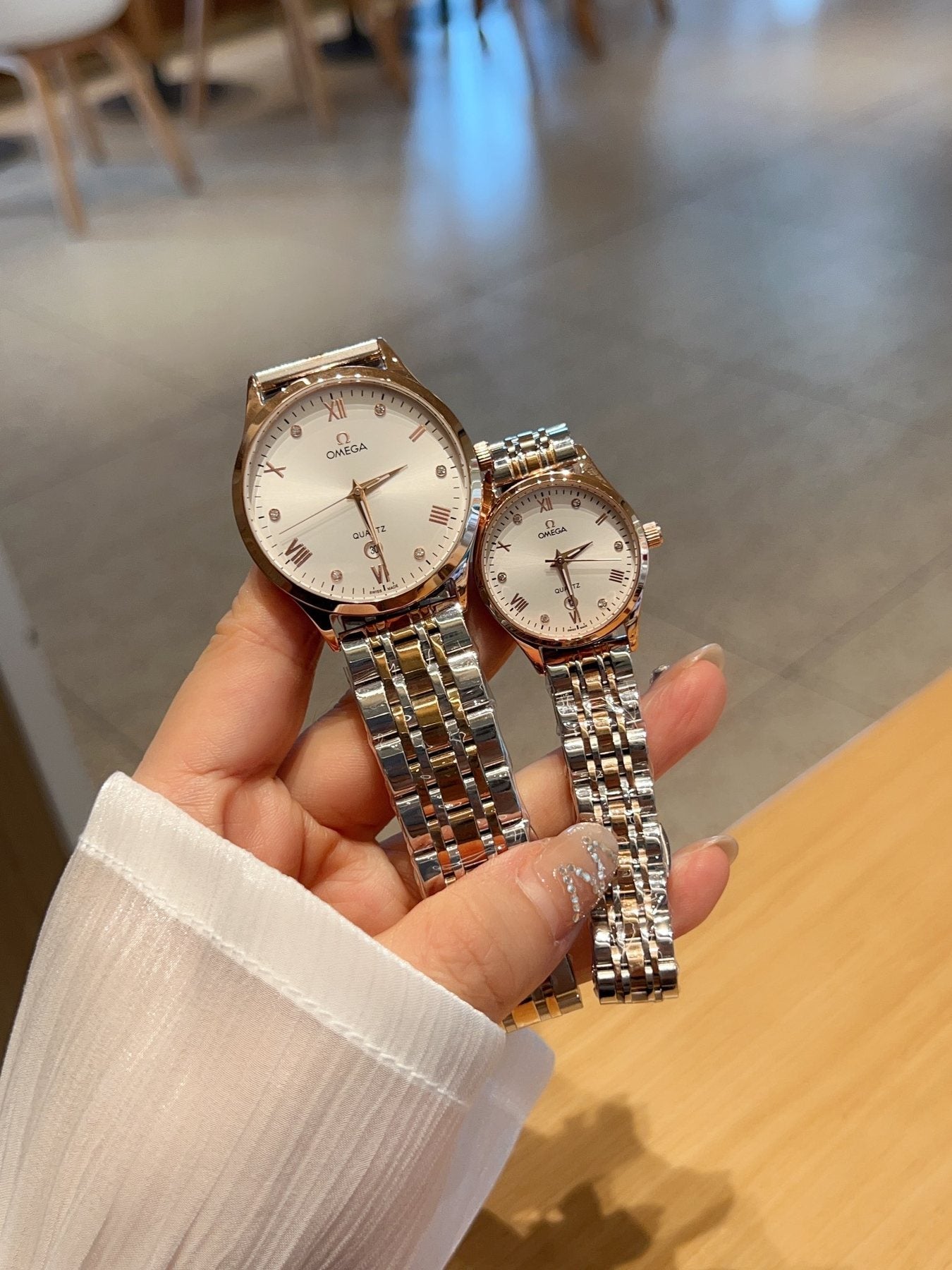 Omega Silver Rose Gold White Dial Bracelet Watch — front