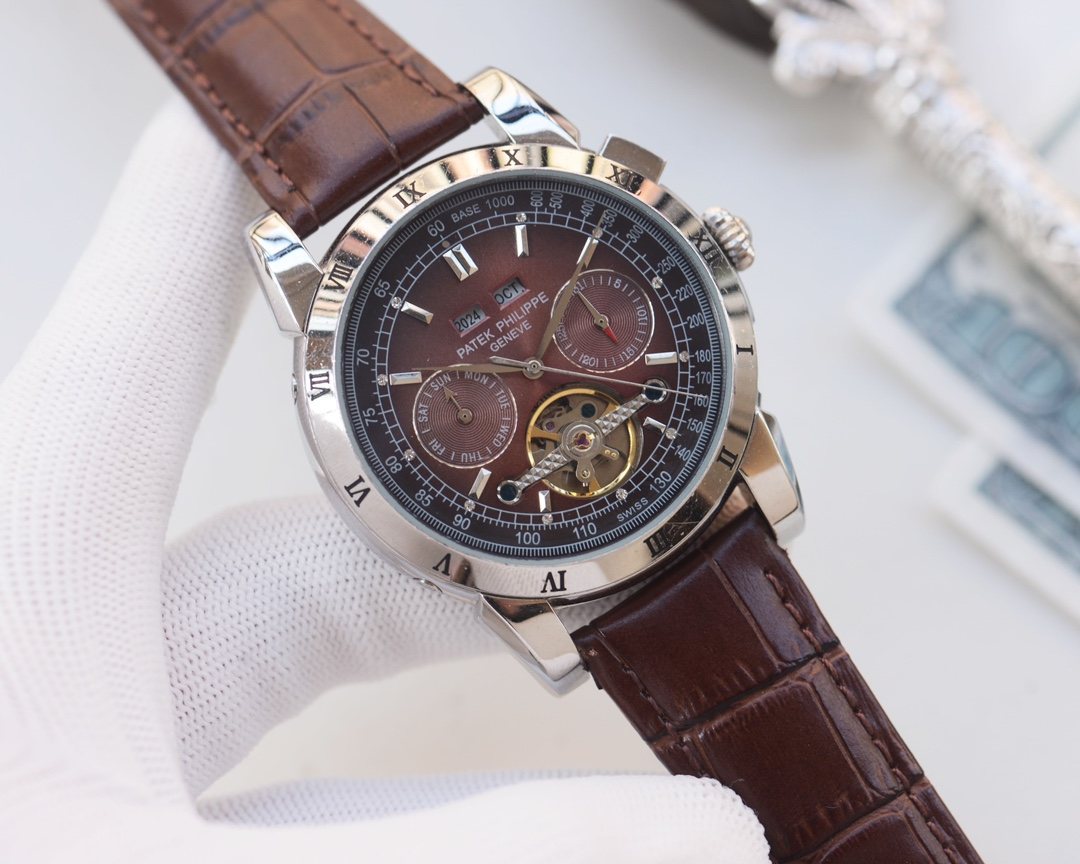 Patek Philippe Silver Brown Dial Strap Watch — hero