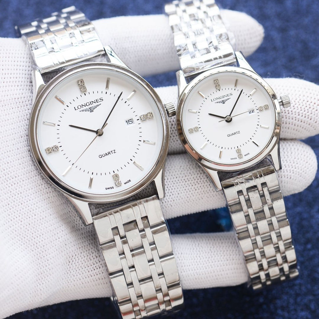 Longines Silver White Dial Bracelet Couple Watch Set — front