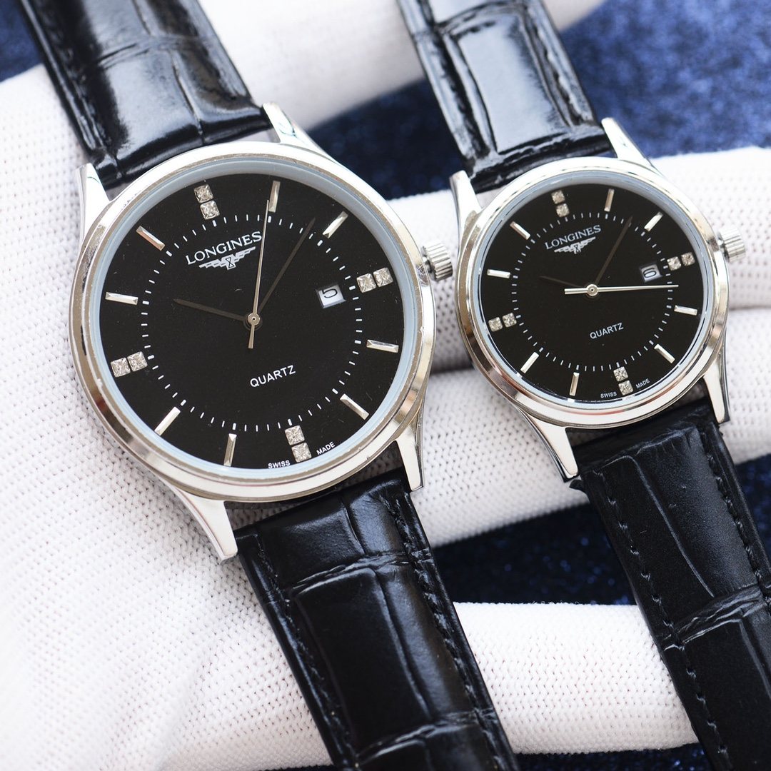 Longines Silver Black Dial Leather Strap Couple Watch Set — front