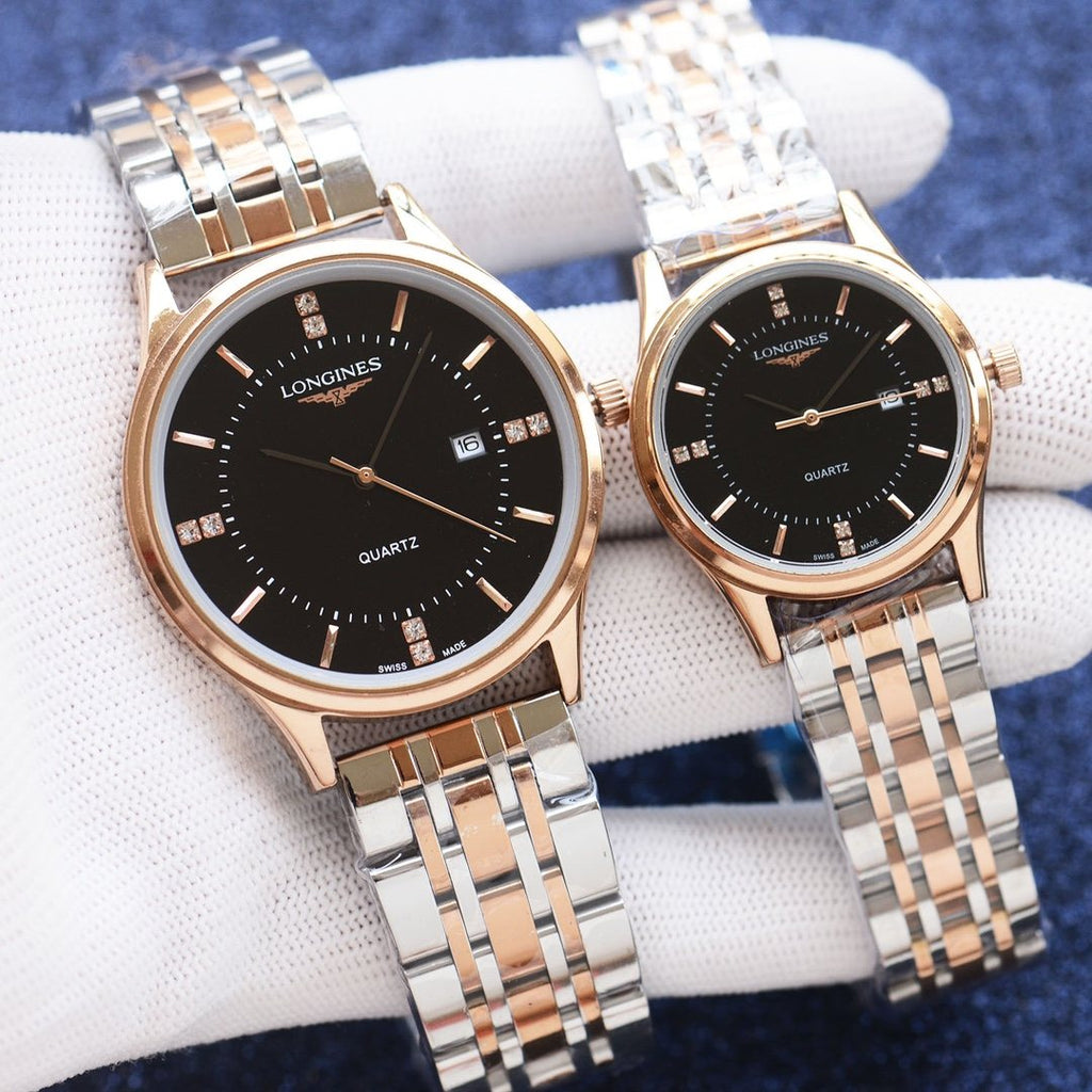 Longines Silver Black Dial Leather Strap Couple Watch Set — hero