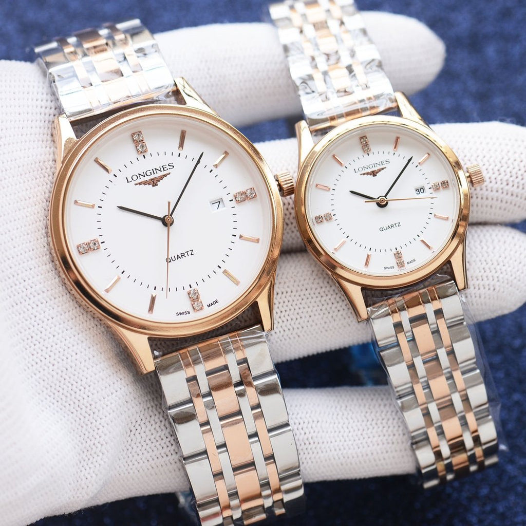 Longines Two Tone Rose Gold White Dial Bracelet Couple Watch Set — front