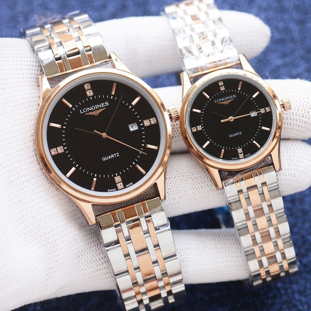 Longines Two Tone Rose Gold Black Dial Bracelet Couple Watch Set — front