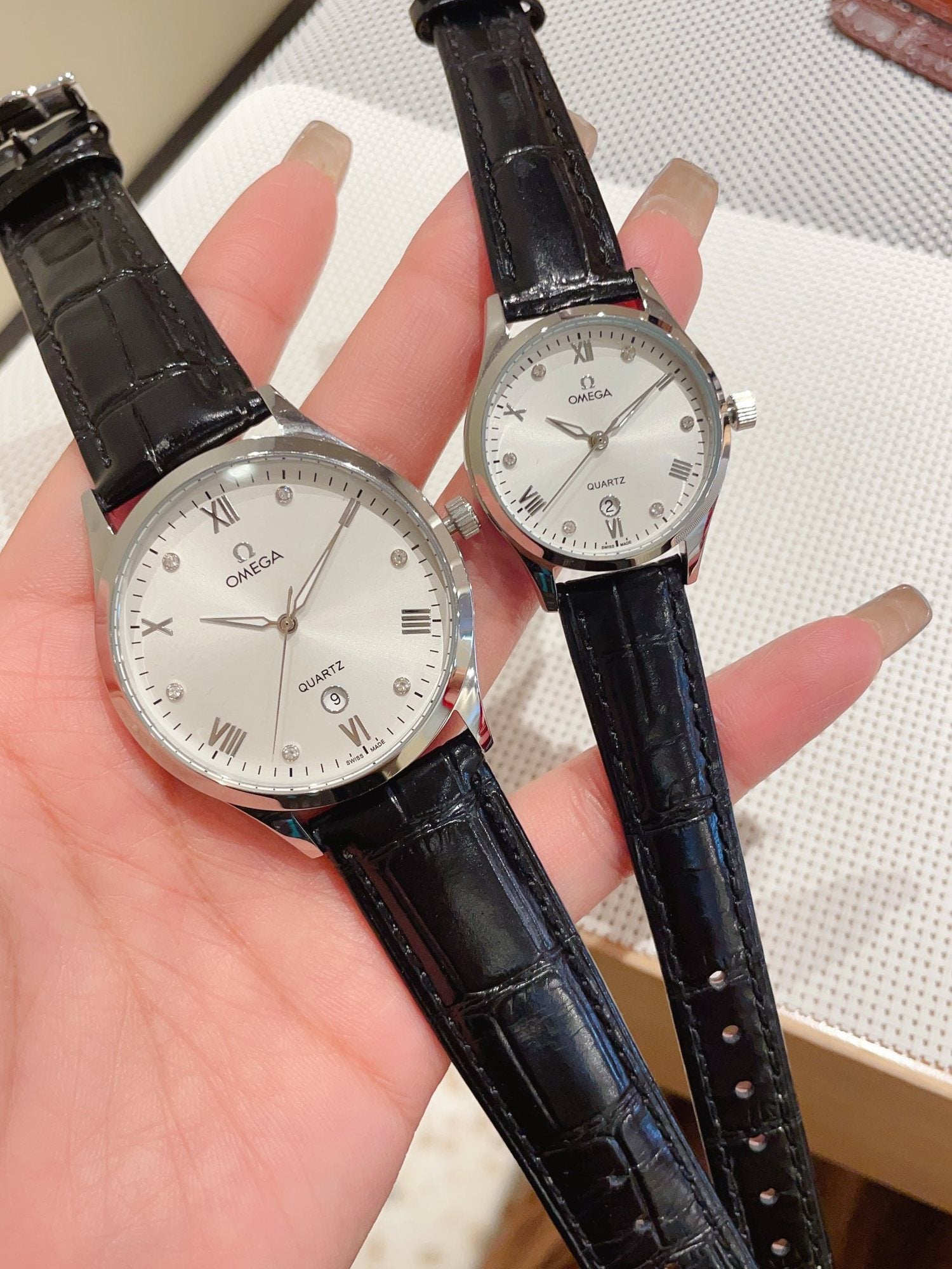 Omega Black Rose Gold White Dial Leather Strap Couple Watch Set — hero