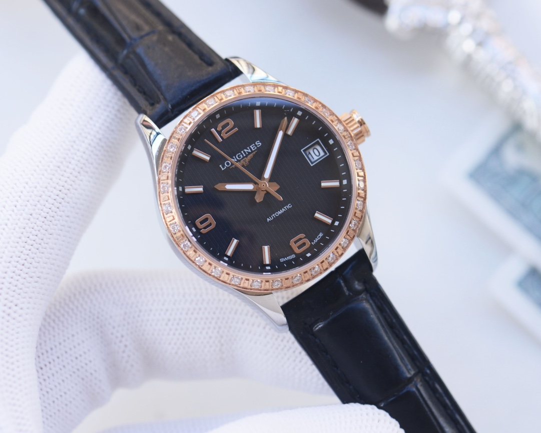 LONGINES Rose Gold Black Dial Leather Strap Watch — hero