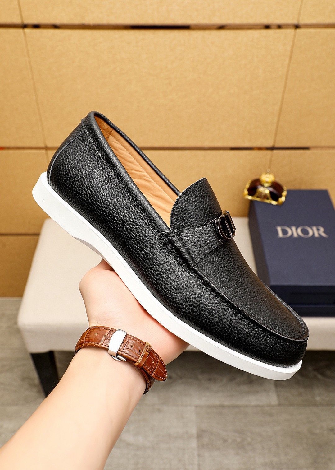 Dior Pebbled Leather Buckle Loafers — model