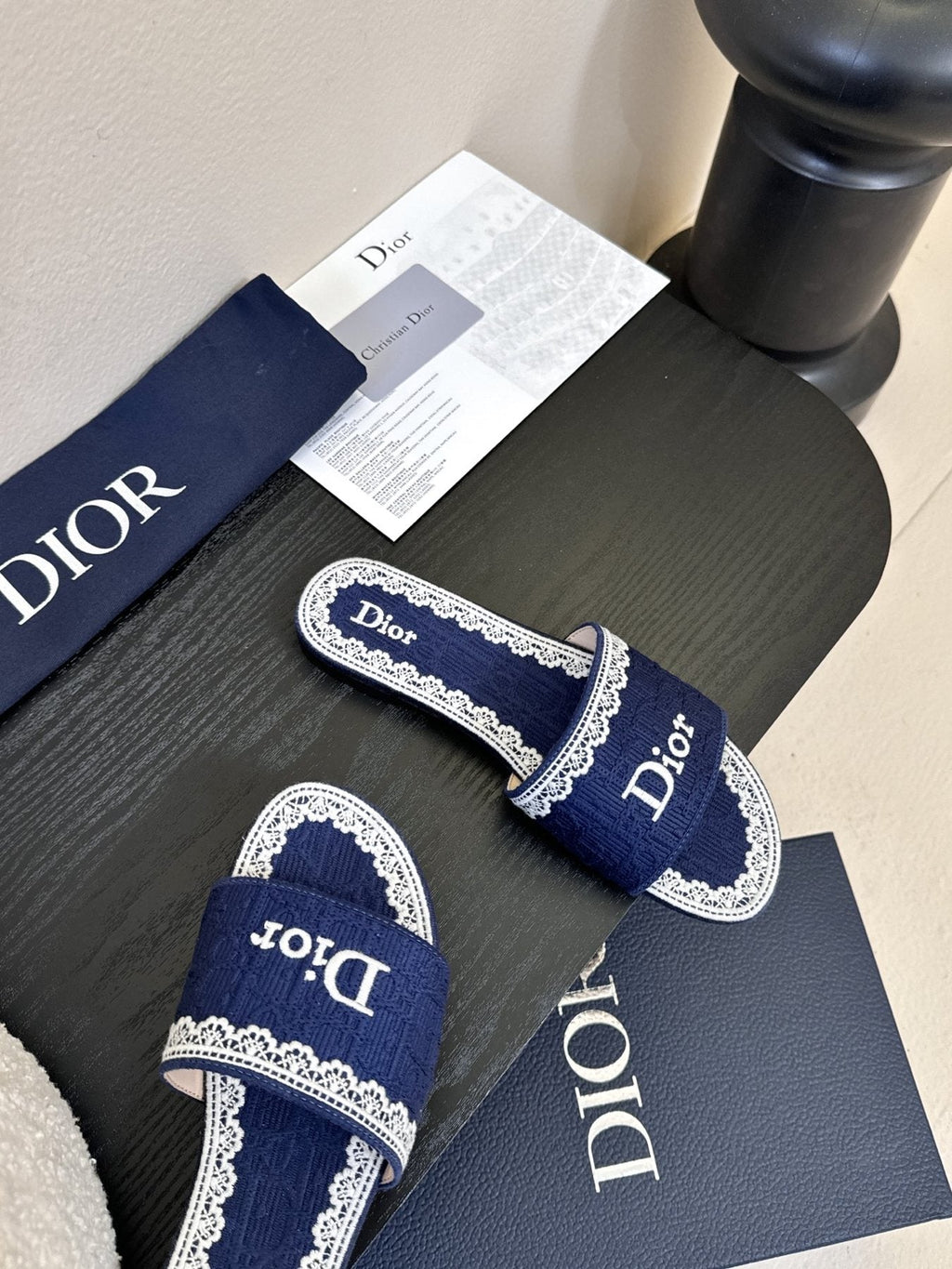 Dior Embroidered Trim Slide Sandals — front