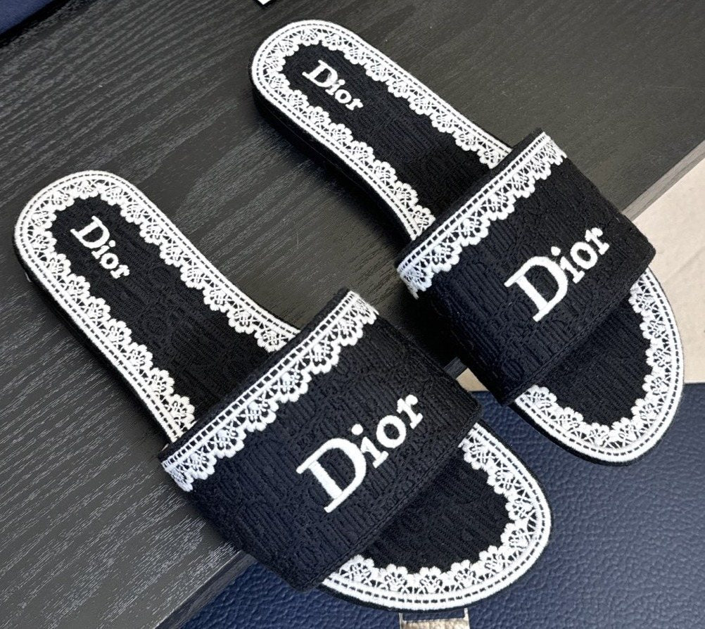 Dior Embroidered Trim Slide Sandals — hero