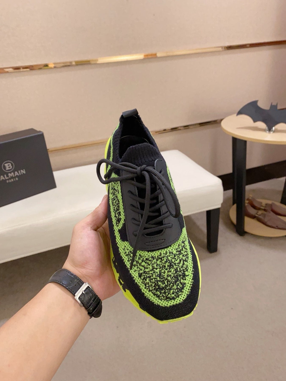 Balmain Neon Lime Knit Low-Top Sneakers — front