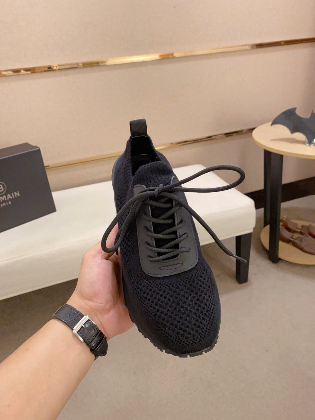 Balmain Blue Knit Low-Top Sneakers — front