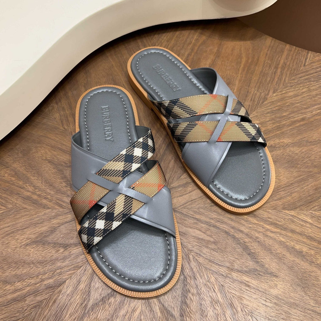 Burberry Plaid Cross-Strap Slide Sandals — front
