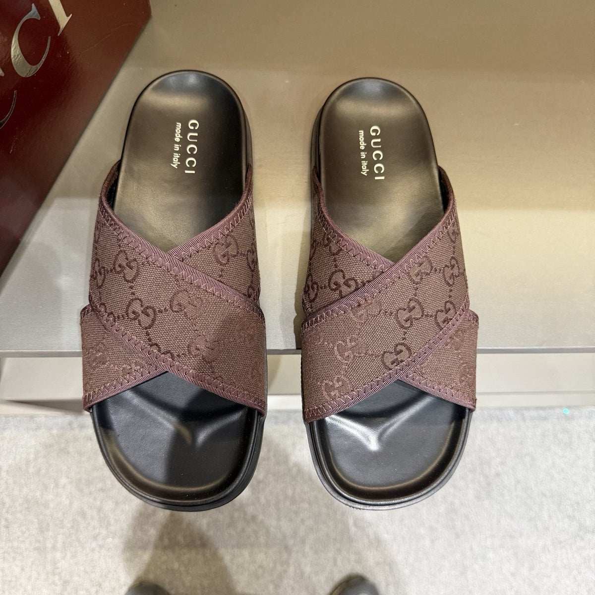 Gucci Patterned Cross-Strap Slide Sandals — front