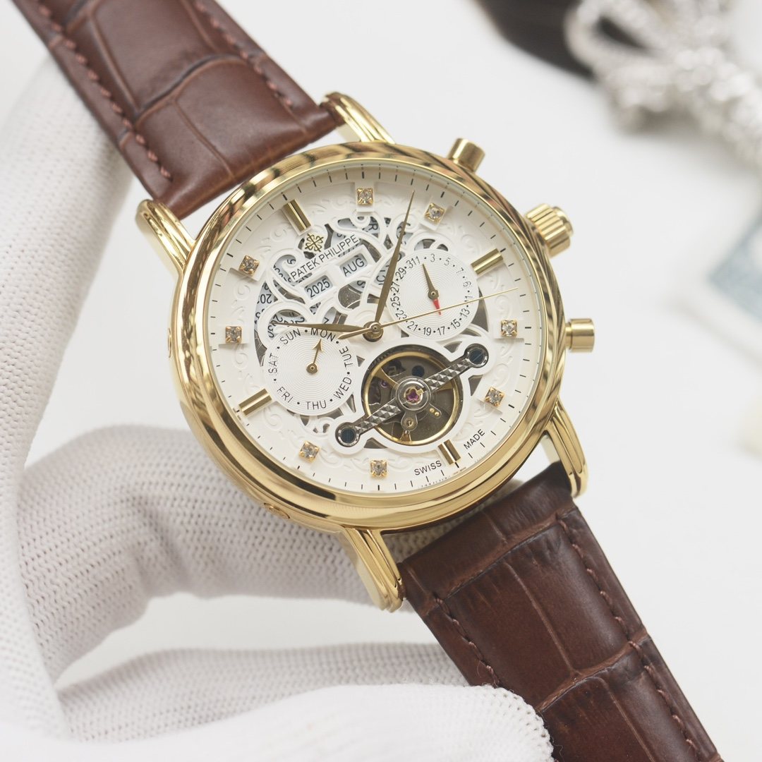 PATEK PHILIPPE Brown Gold Leather Strap Watch — front