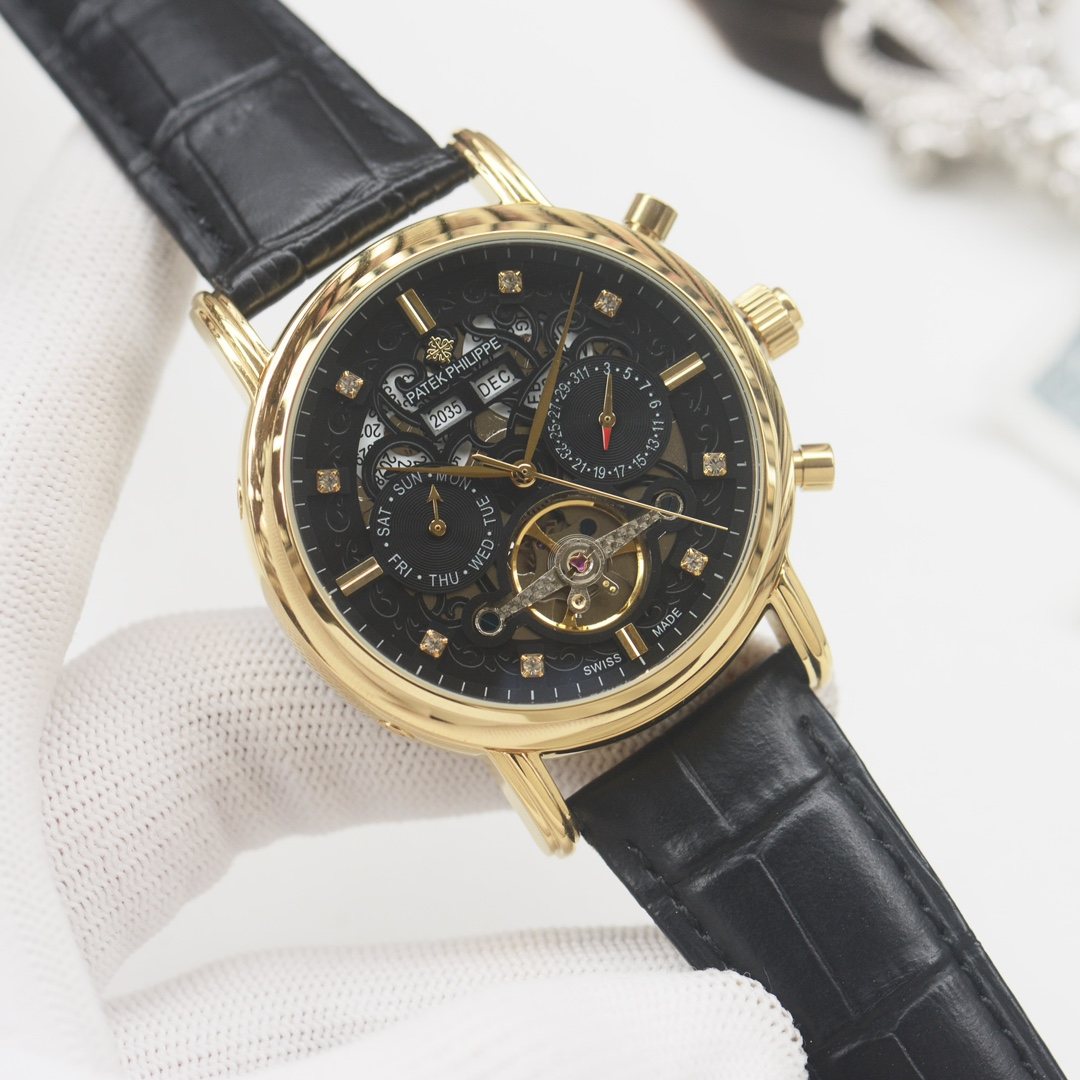 PATEK PHILIPPE Gold Black Dial Leather Strap Watch — hero