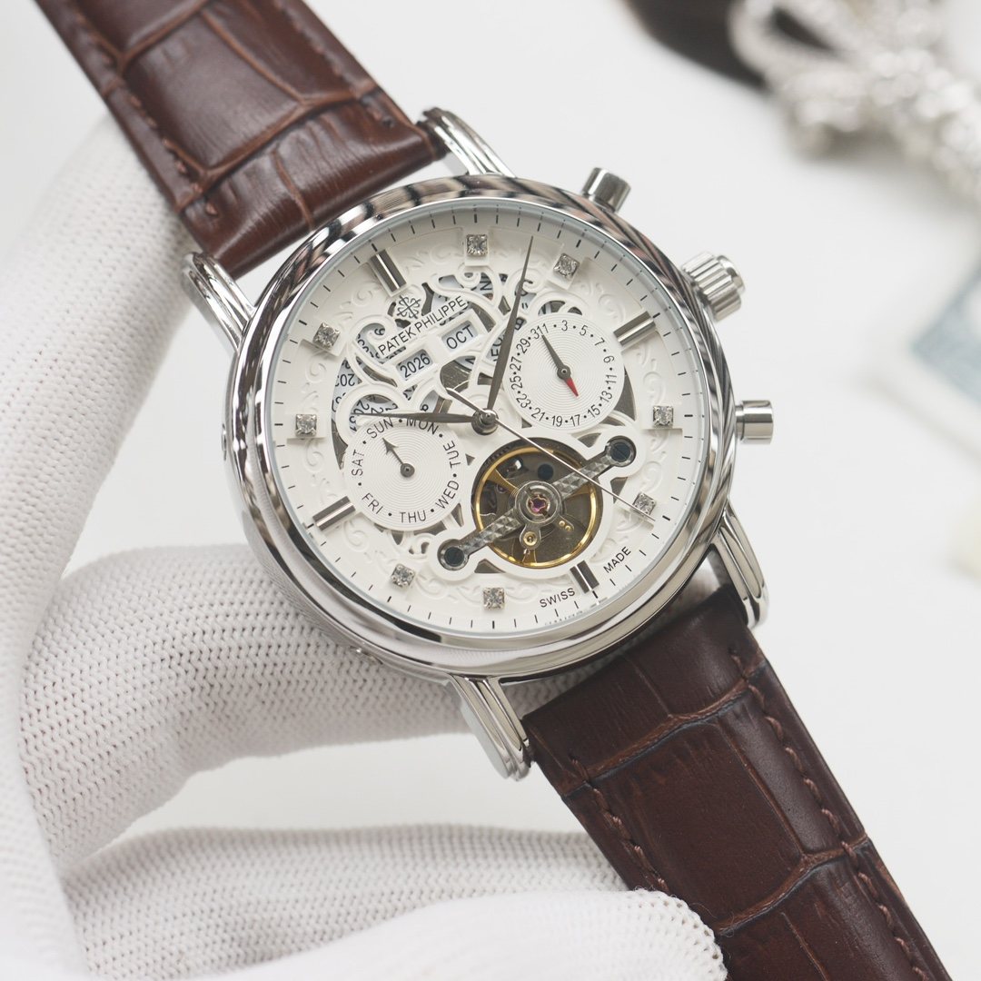 PATEK PHILIPPE Brown Silver Leather Strap Watch — hero