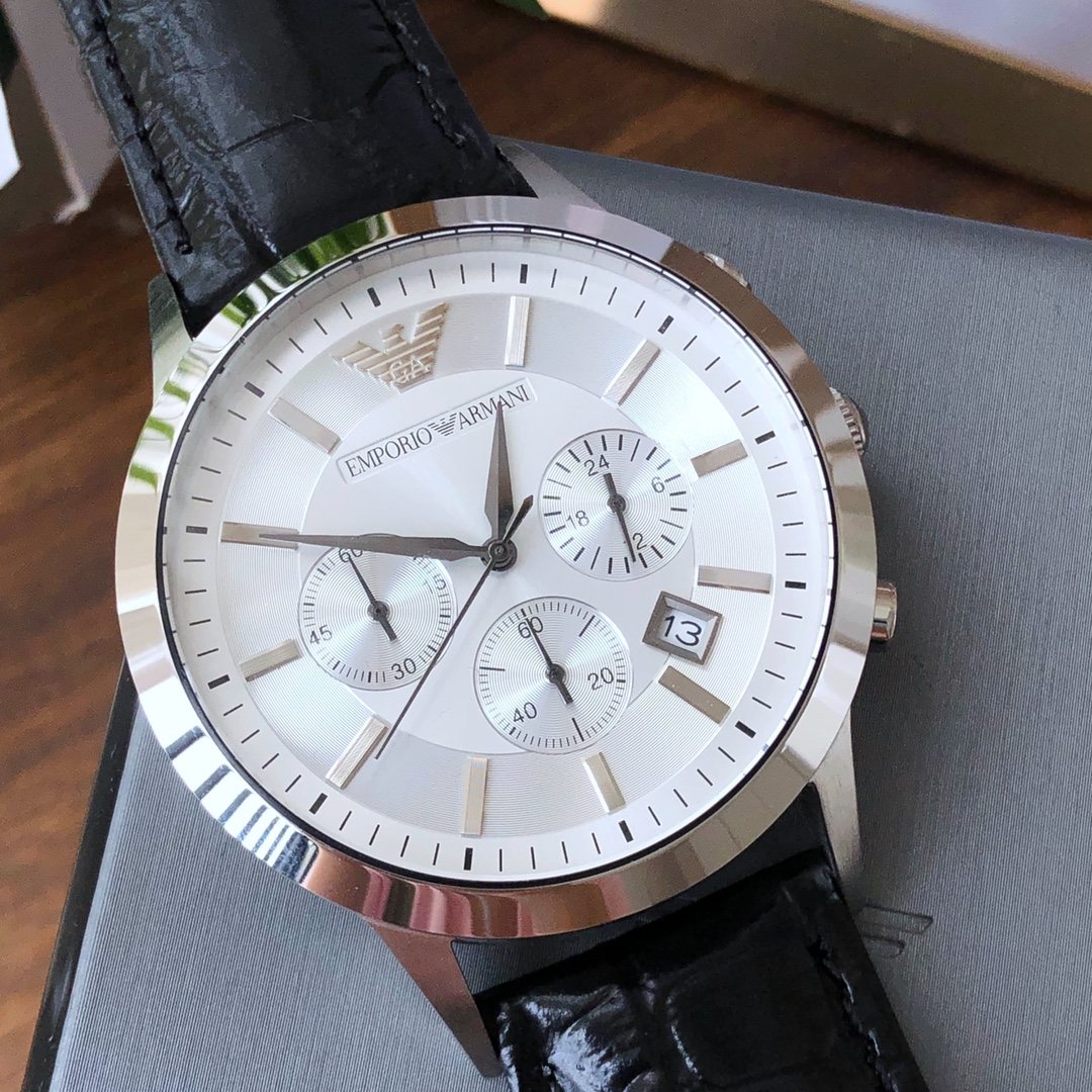 EMPORIO ARMANI Black Silver White Dial Strap Watch — detail