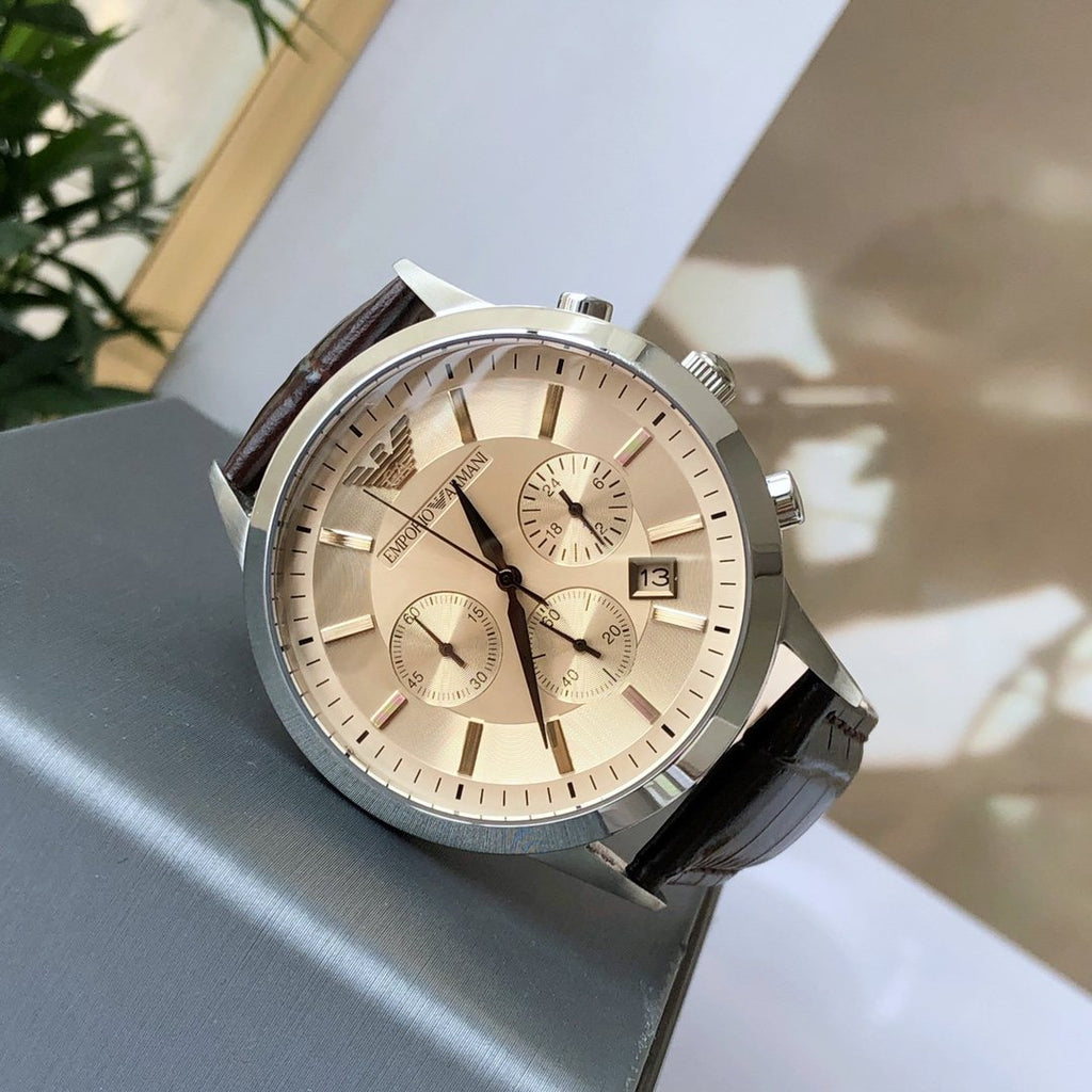 EMPORIO ARMANI Brown Silver Strap Watch — front