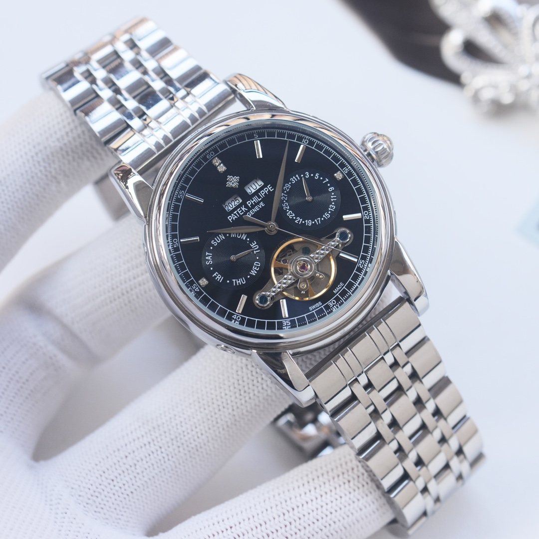 PATEK PHILIPPE Silver Black Dial Bracelet Watch — hero