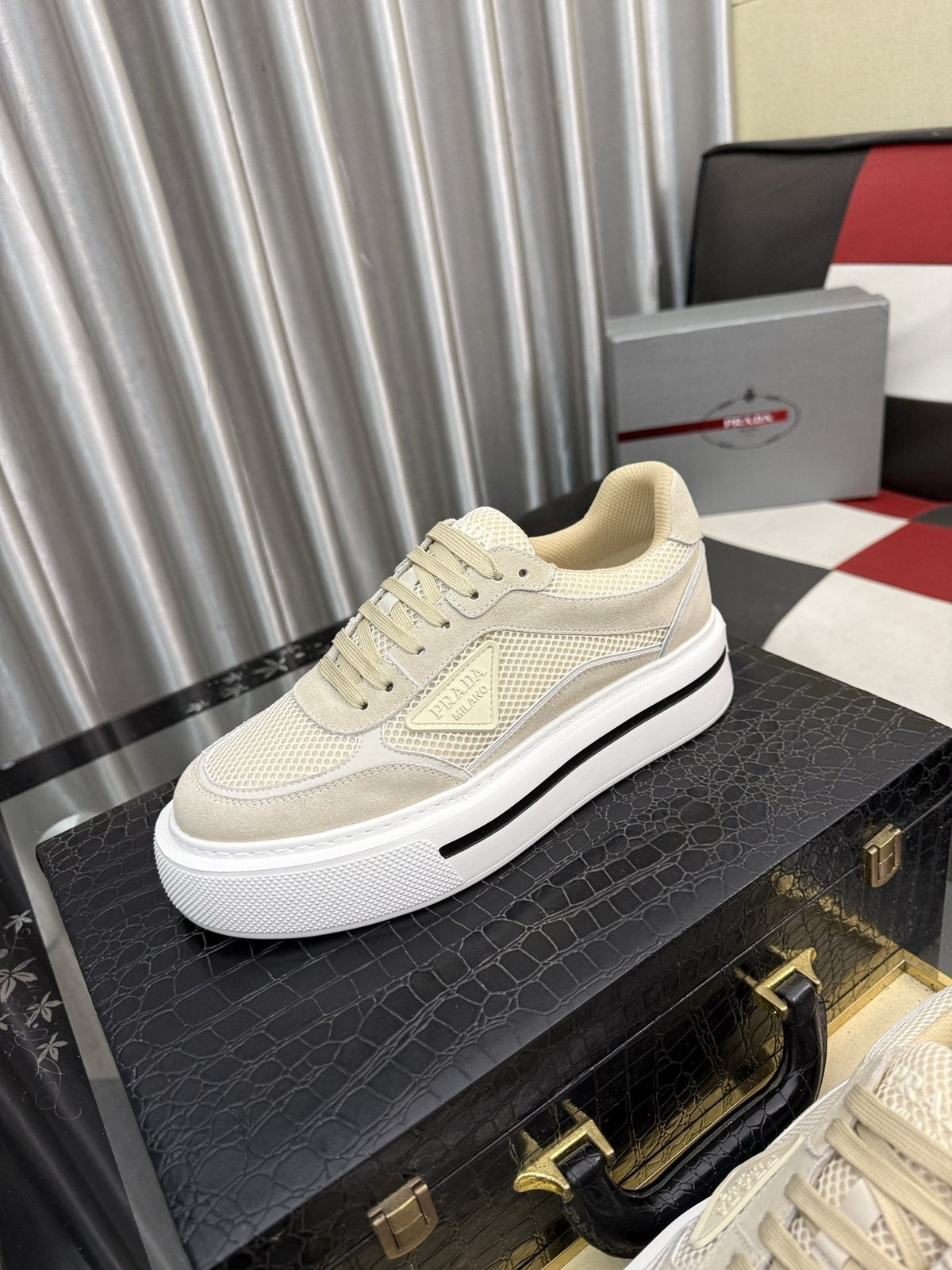 Prada White and Light Gray Low-Top Sneakers — front