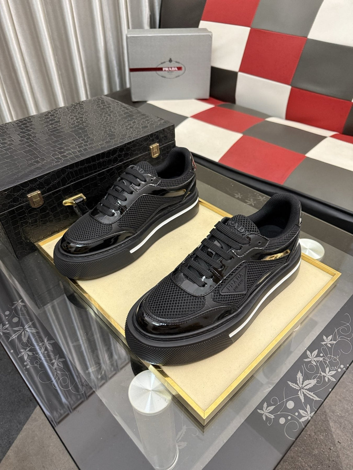 Prada White and Light Gray Low-Top Sneakers — front