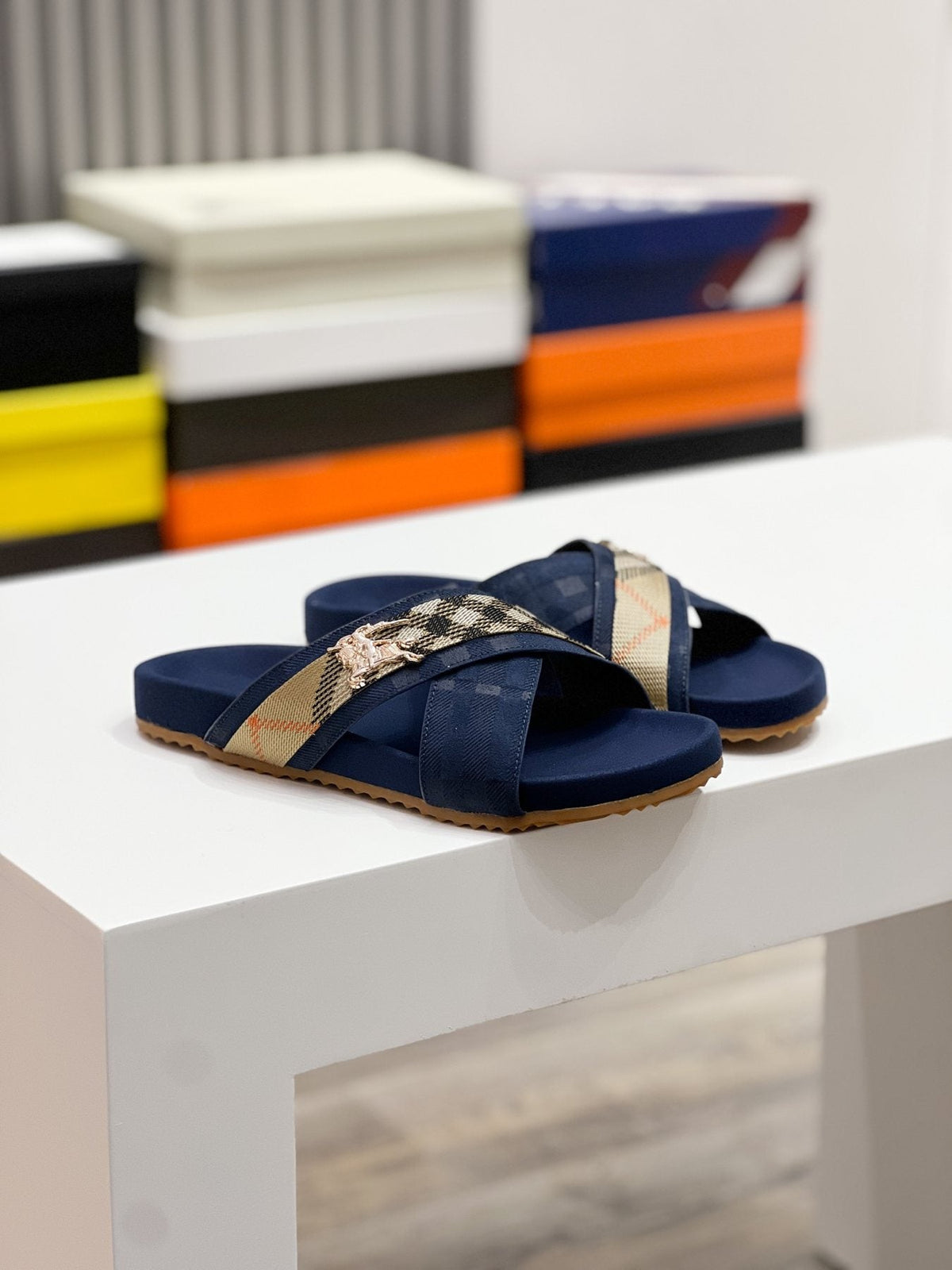 Burberry Check Cross-Strap Slide Sandals — front