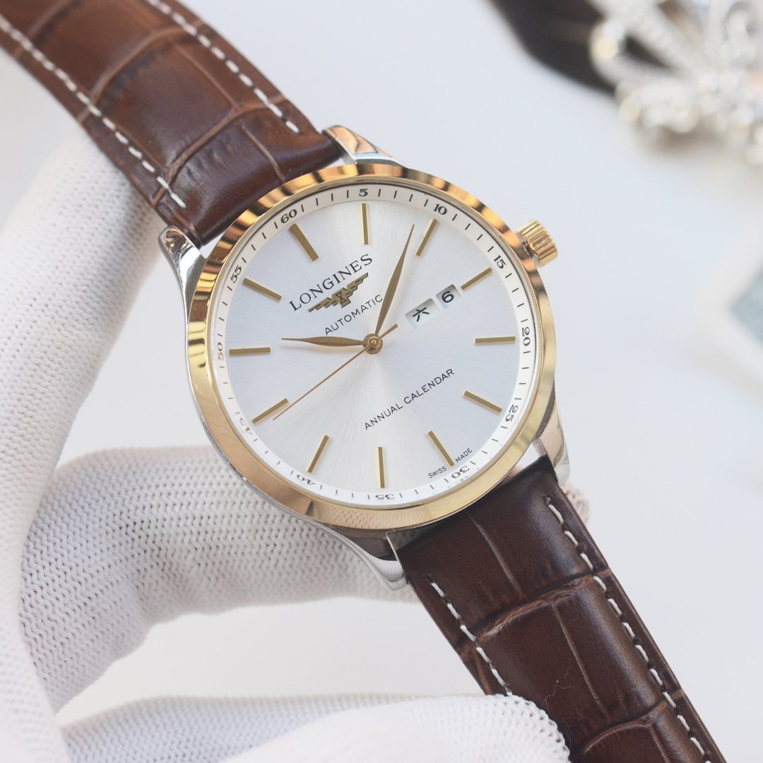 Brown Gold White Dial Leather Strap Watch — front
