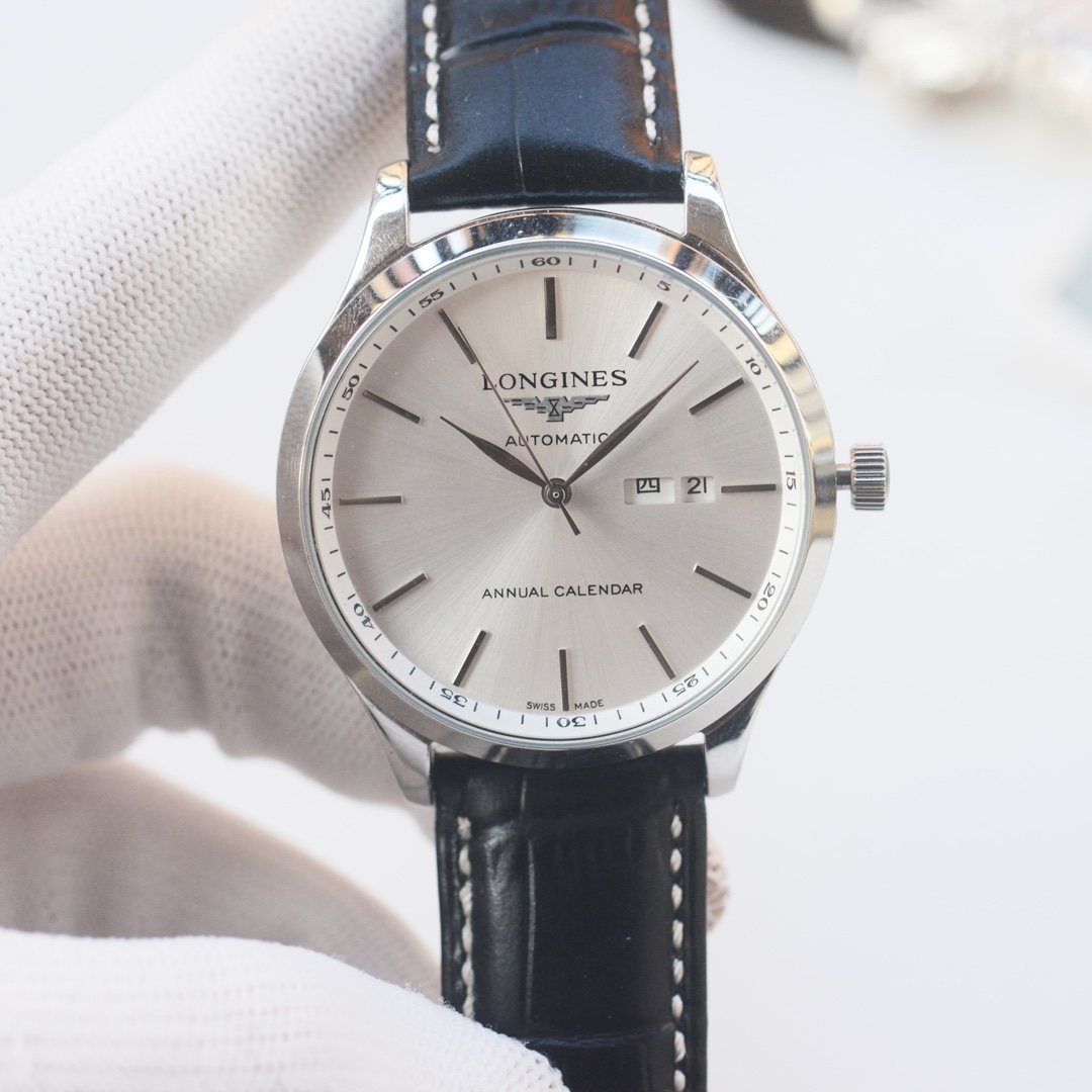 Black Silver White Dial Leather Strap Watch — front