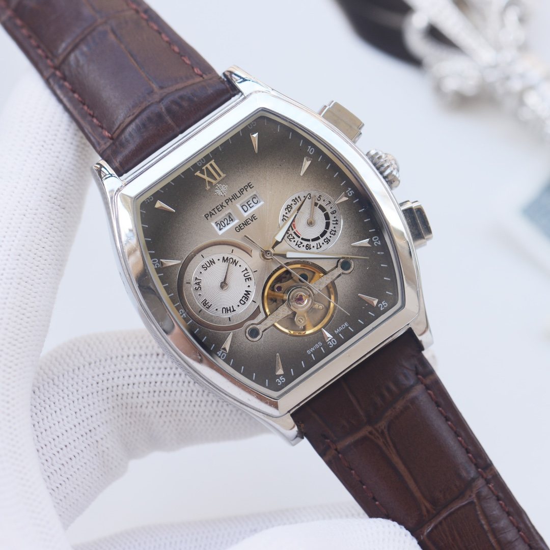 PATEK PHILIPPE Silver Brown Leather Strap Watch — hero