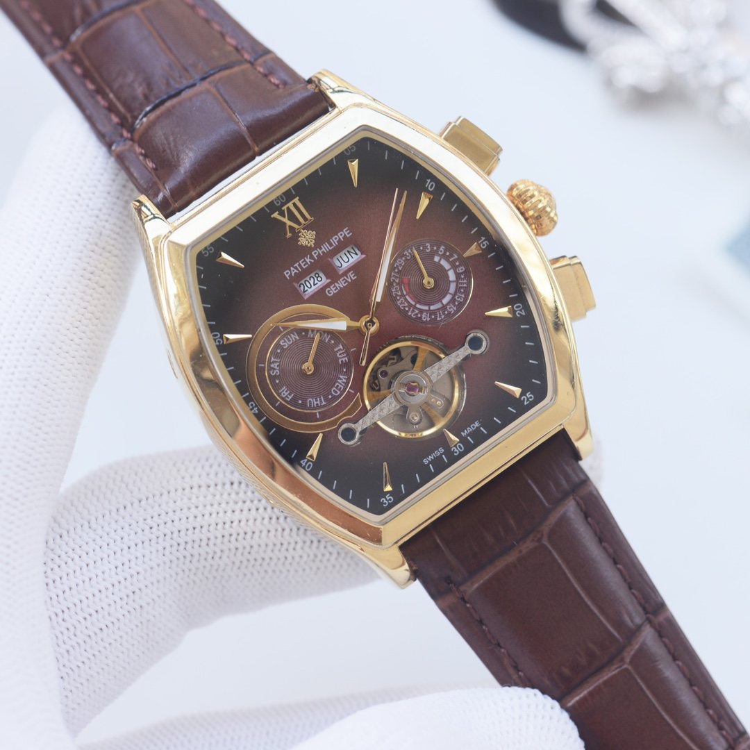 PATEK PHILIPPE Gold Brown Dial Leather Strap Watch — hero
