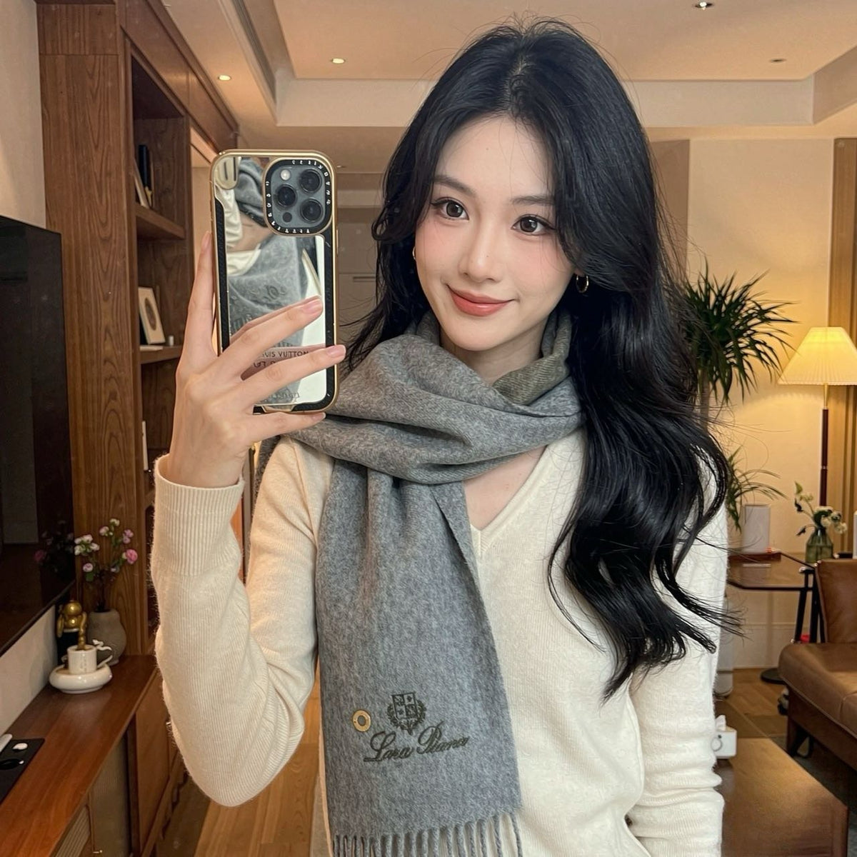 Loro Piana Reversible Fringed Cashmere Scarf — model