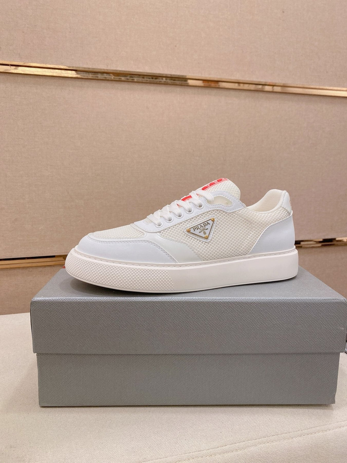 Prada White Red Accent Low-Top Sneakers — front