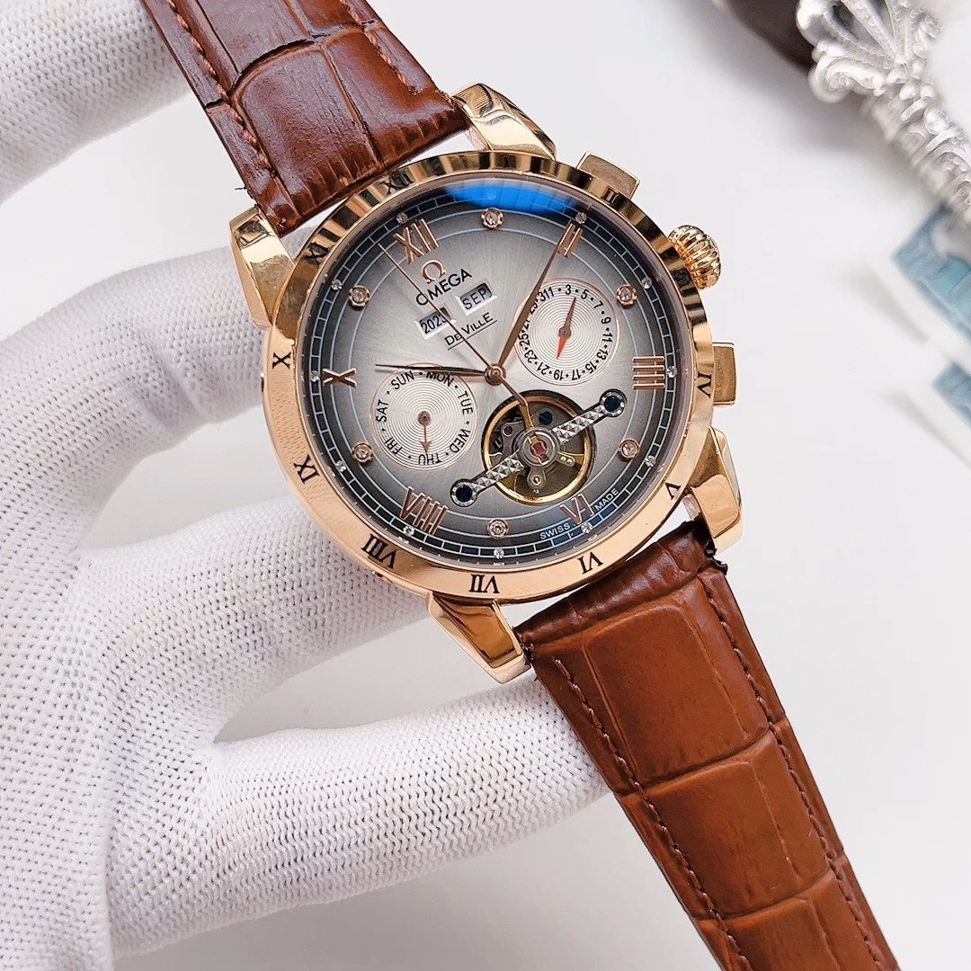 OMEGA Rose Gold Brown Silver Dial Leather Strap Watch — hero