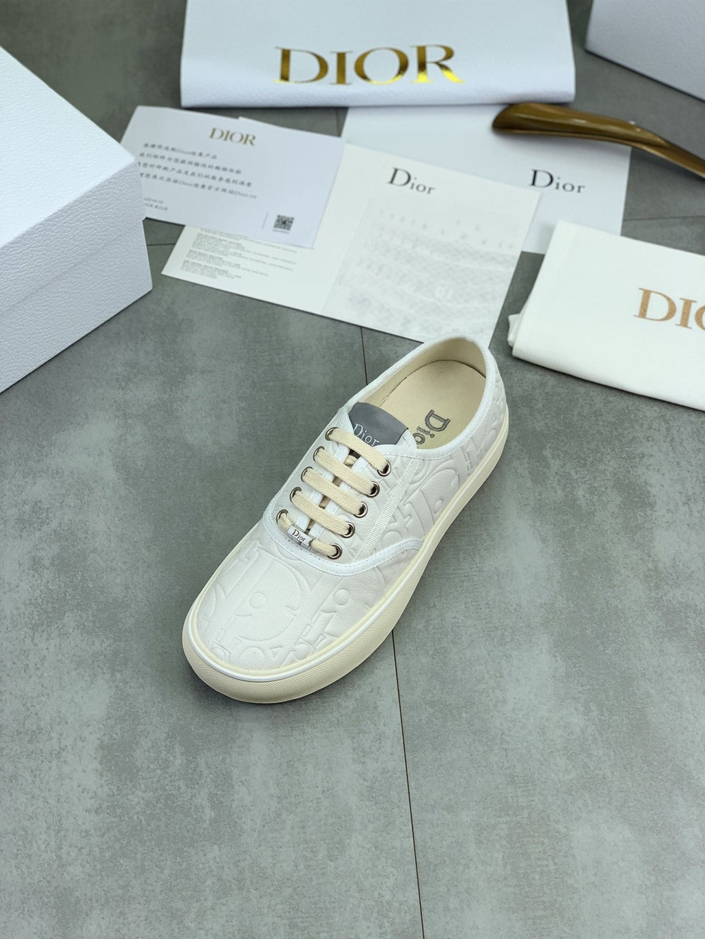 Dior White Embossed Low-Top Sneakers — front