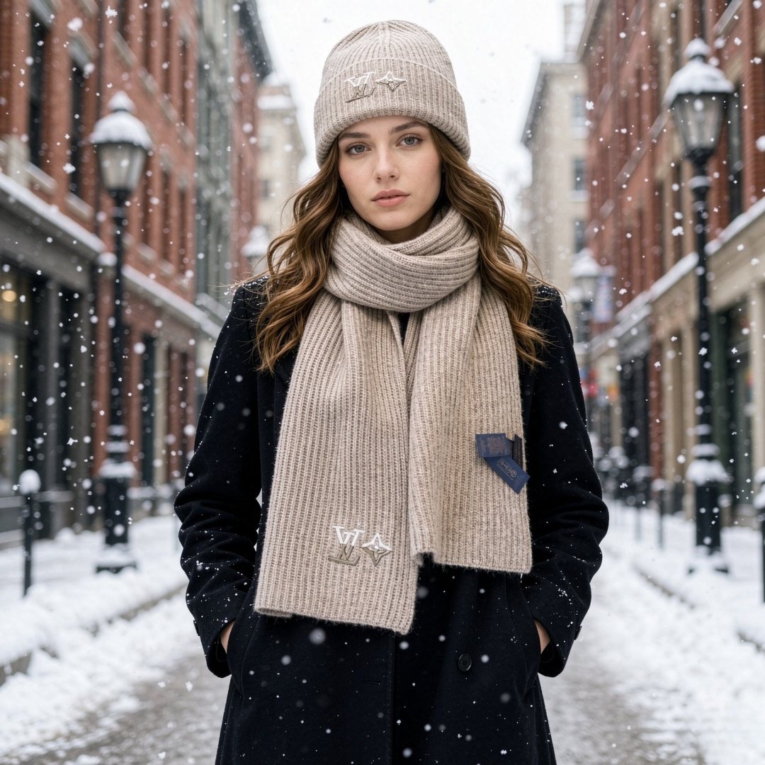Louis Vuitton Rib-Knit Beanie & Scarf Set — model