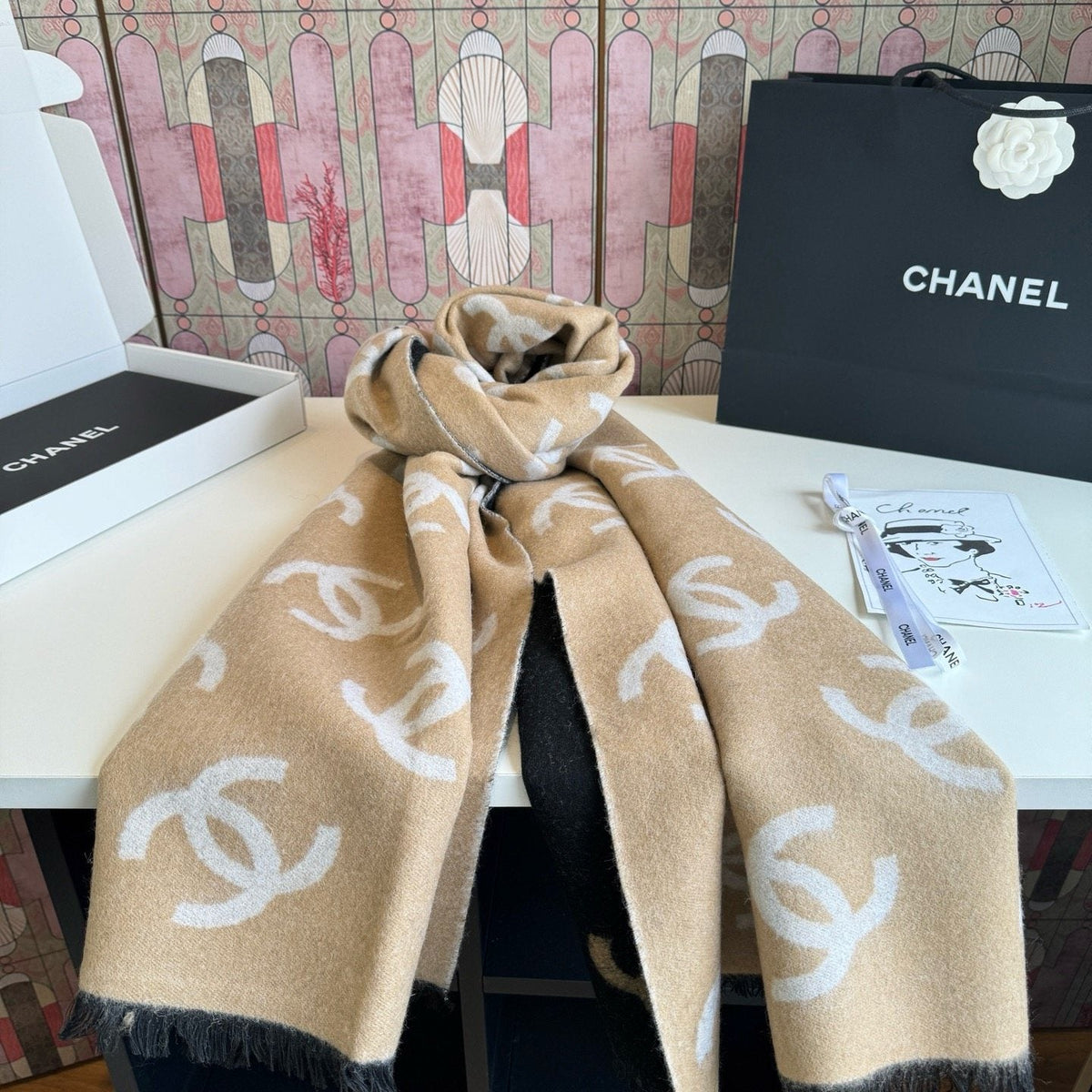 Chanel Reversible Logo Motif Scarf Shawl — front
