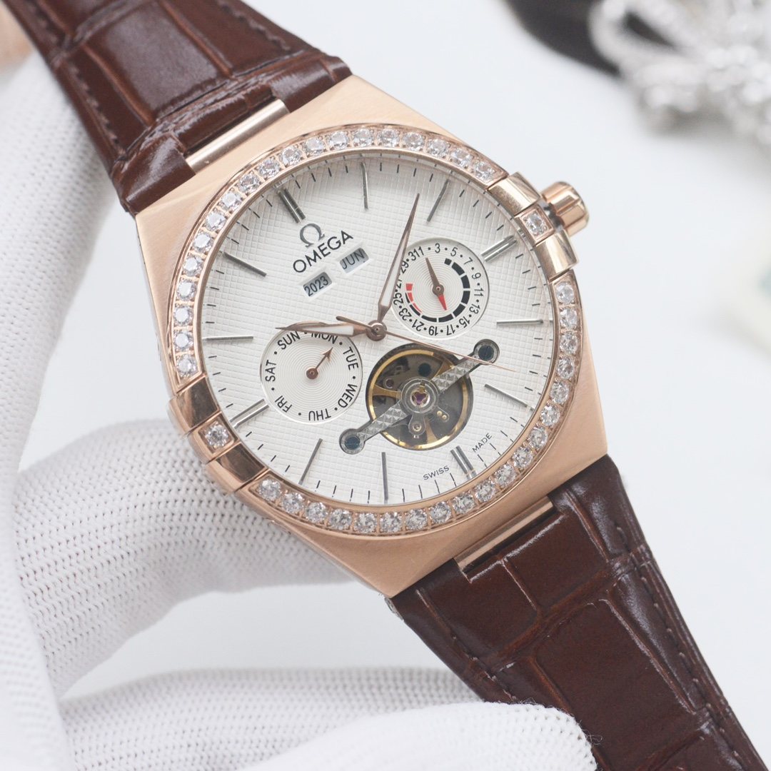 OMEGA Rose Gold Brown White Dial Strap Watch — hero