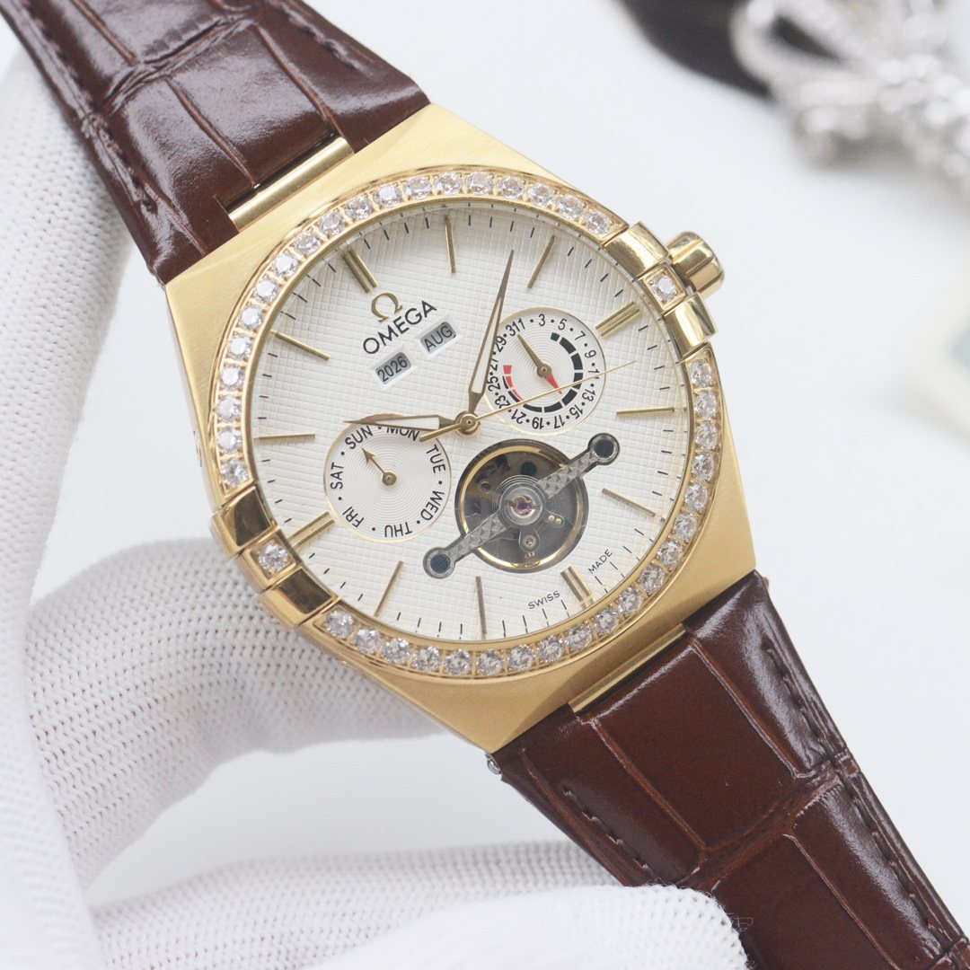 OMEGA Gold Brown White Dial Strap Watch — hero